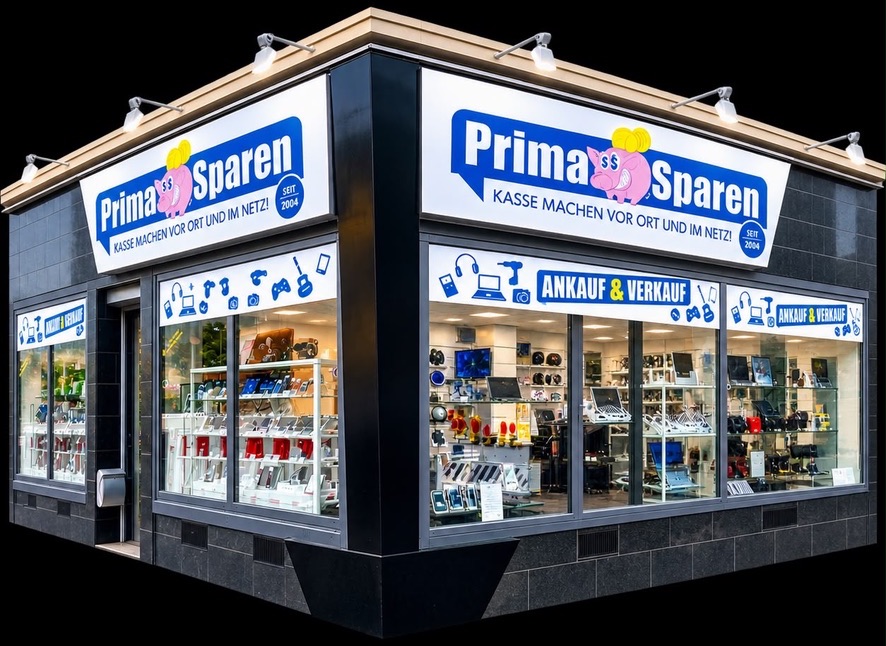 Das Ladengeschäft von Prima Sparen in der Höhe 18 in Braunschweig, abends beleuchtet
